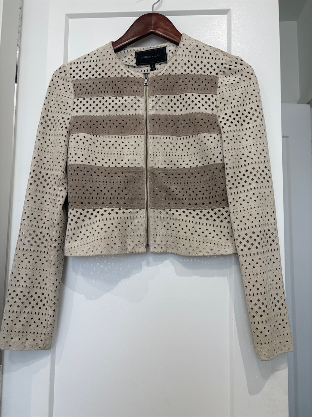 BCBGMaxAzria Cream and Taupe Perforated  Vegan Suede Cropped Jacket
